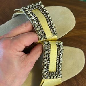 Boudoir Slippers of chartreuse silk with rhinestones
